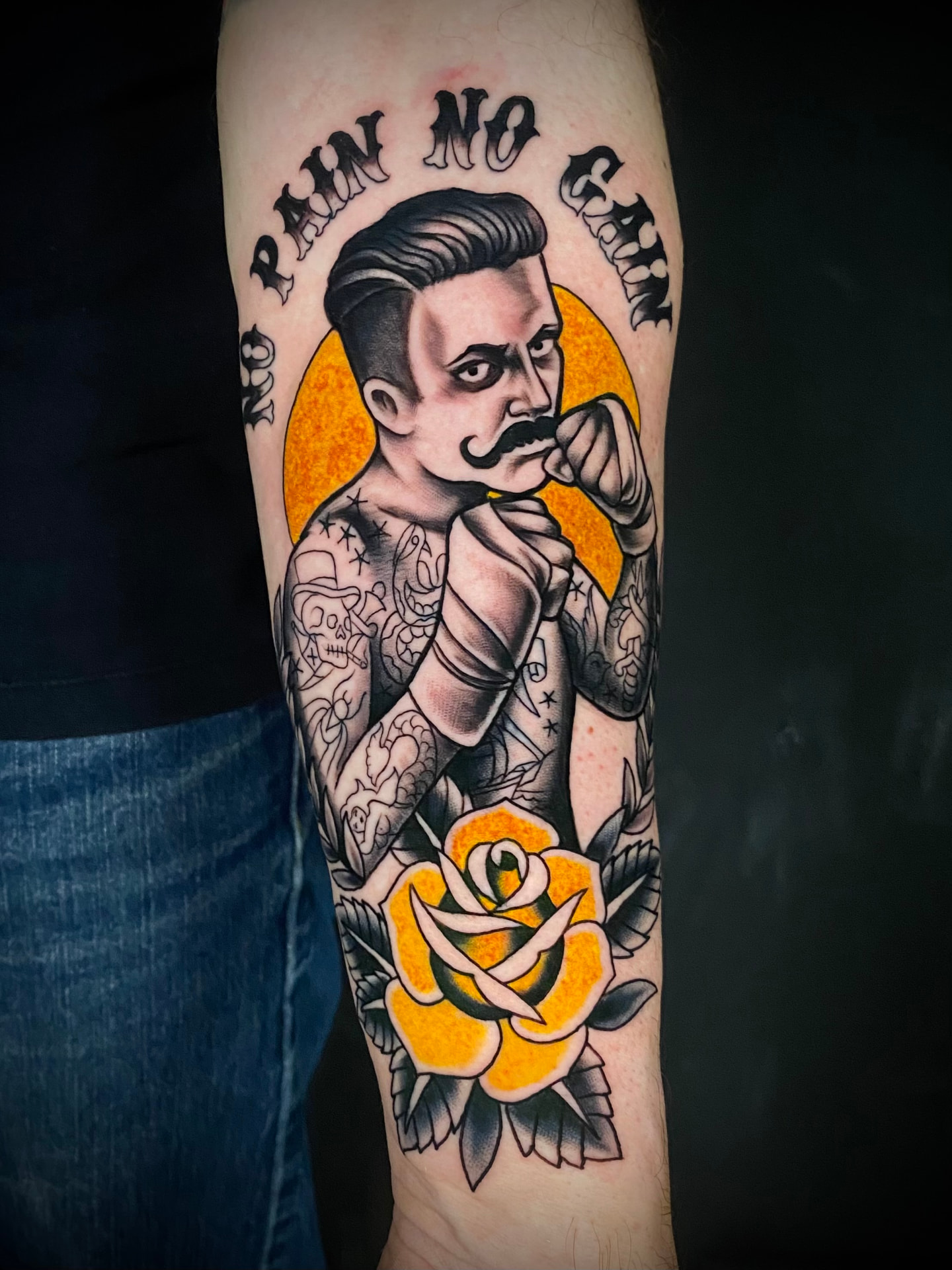 No Pain No Gain neo-traditional boxer half sleeve